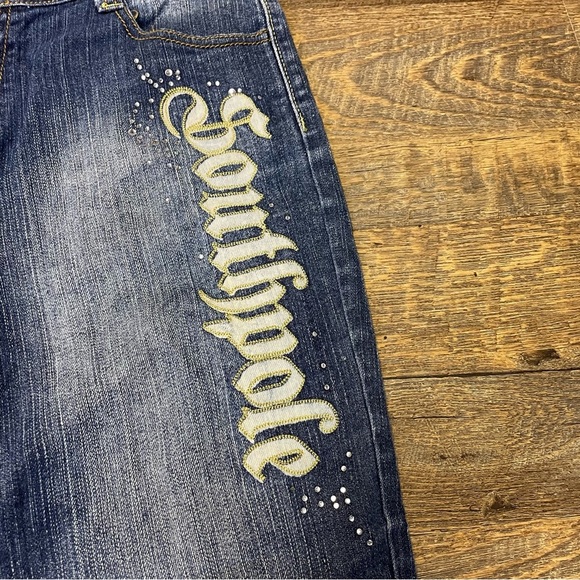 VINTAGE Southpole Jeans Juniors 11 Blue Bootcut Flare Embellished Spellout Y2K - Picture 3 of 12